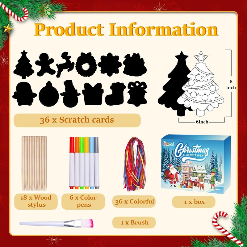 Garma 36Pcs Christmas Crafts Scratch Art for Kids, Rainbow Scratch Paper Christmas Ornaments Crafts Christmas Party Favors Toys Xmas Tree Ornaments Hanging Craft Art Kits - Image 2